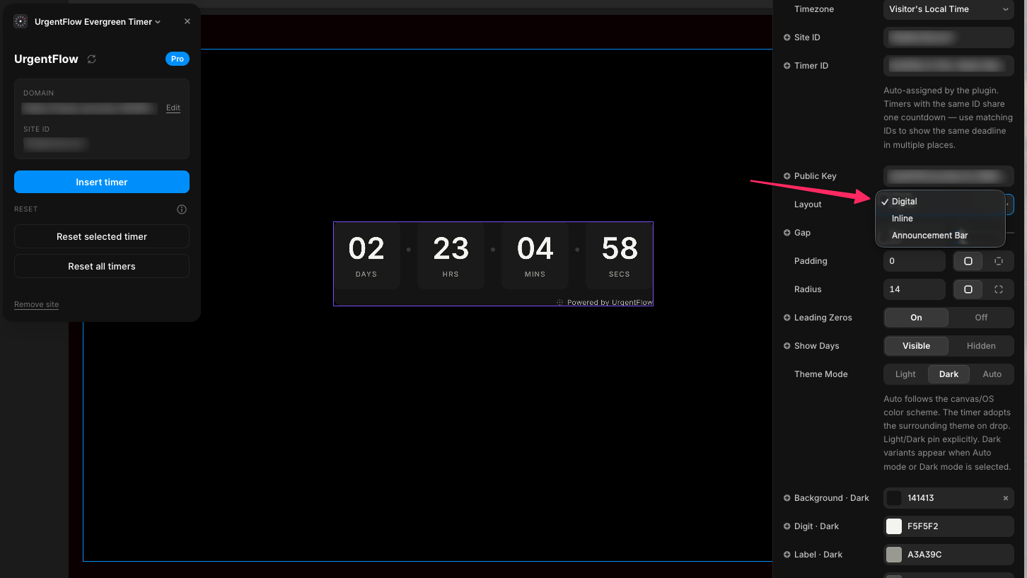 Digital layout — large numbers split into Days, Hours, Minutes, Seconds boxes with labels underneath