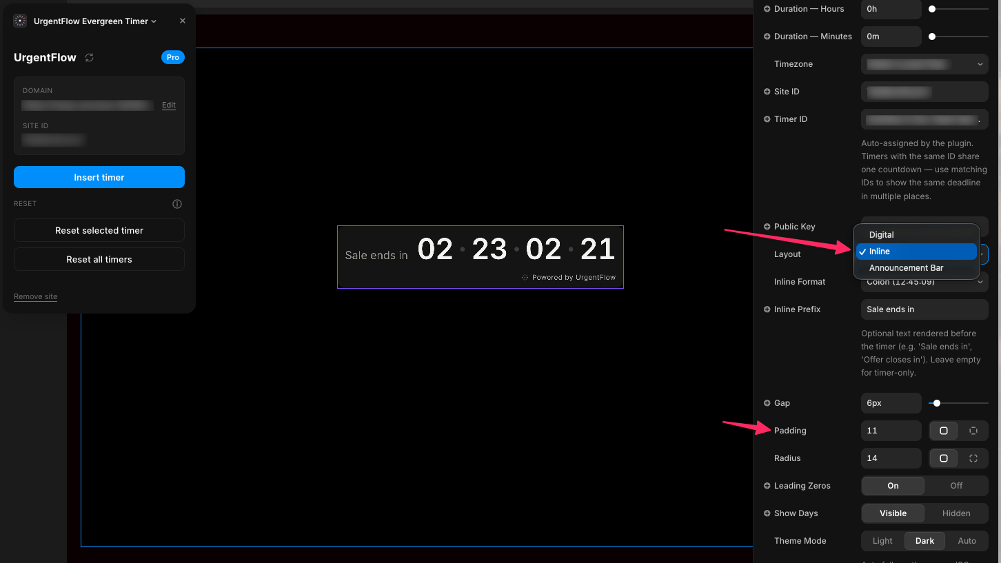 Inline layout — countdown as inline text 'Sale ends in 02:23:02:21'