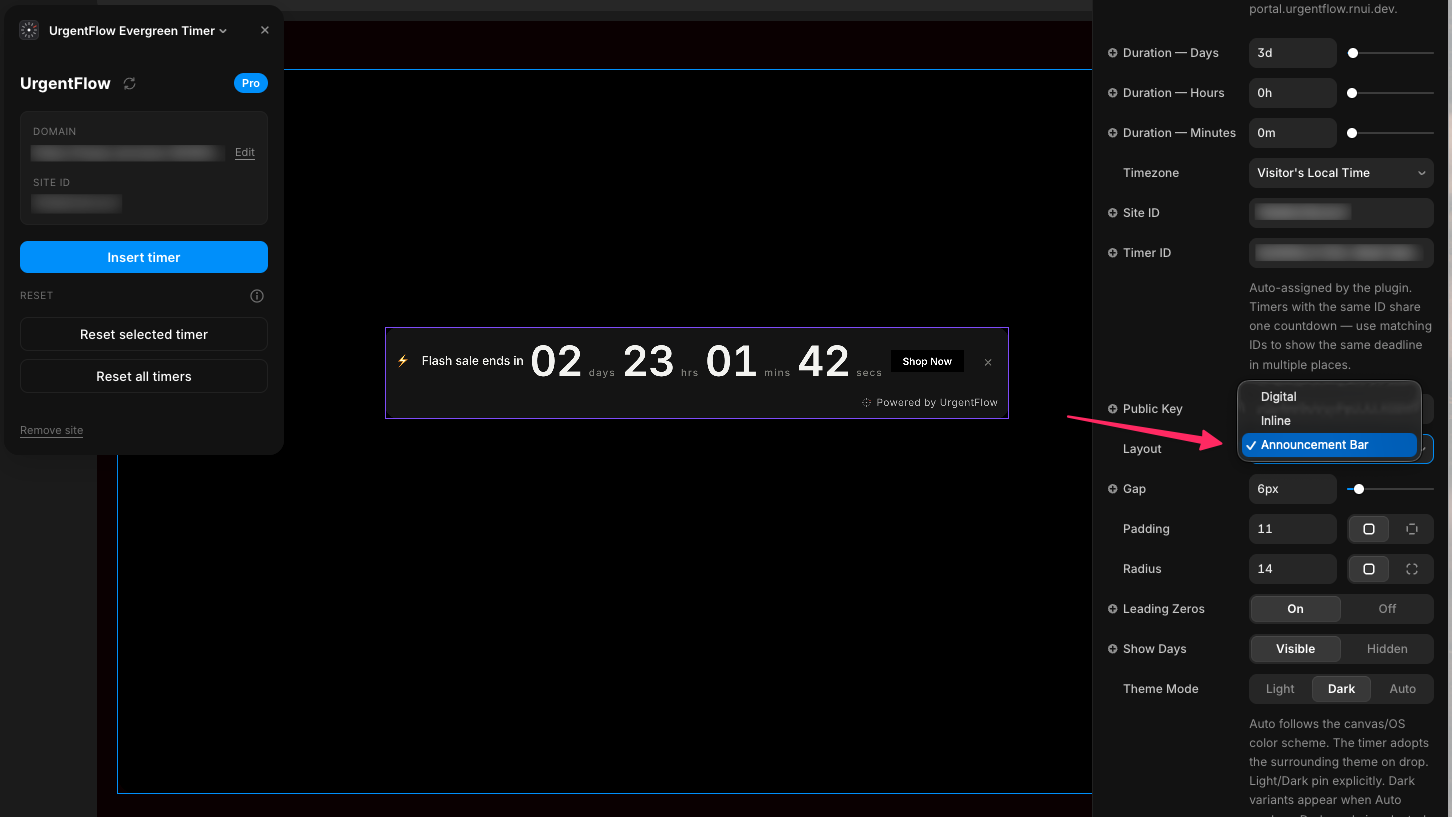 Announcement bar layout — full-width bar with Flash sale message, countdown, Shop Now button, and dismiss icon