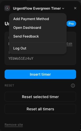UrgentFlow plugin sidebar account menu showing Add Payment Method, Open Dashboard, Send Feedback, Log Out