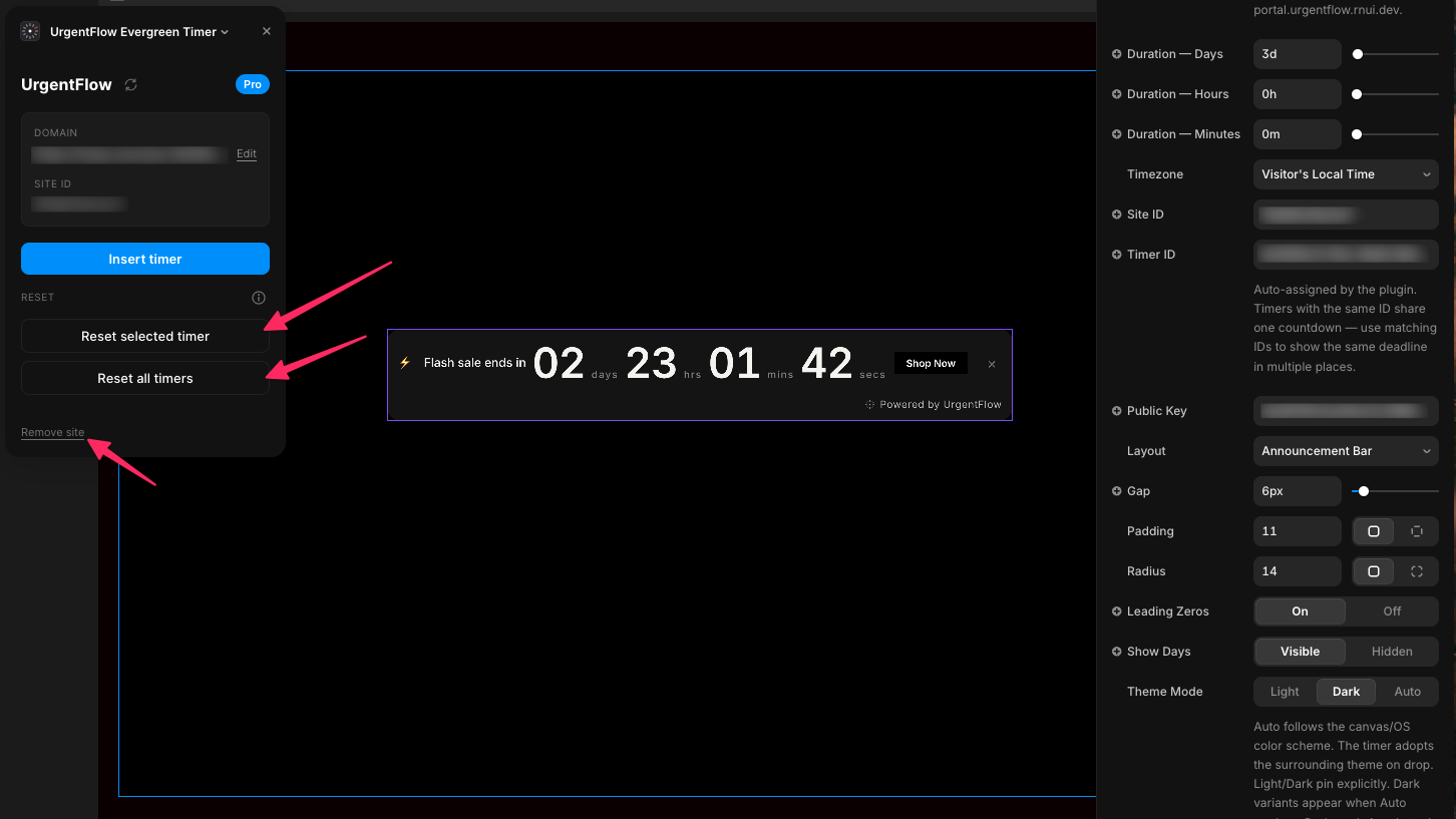 UrgentFlow plugin sidebar showing Reset selected timer, Reset all timers, and Remove site buttons