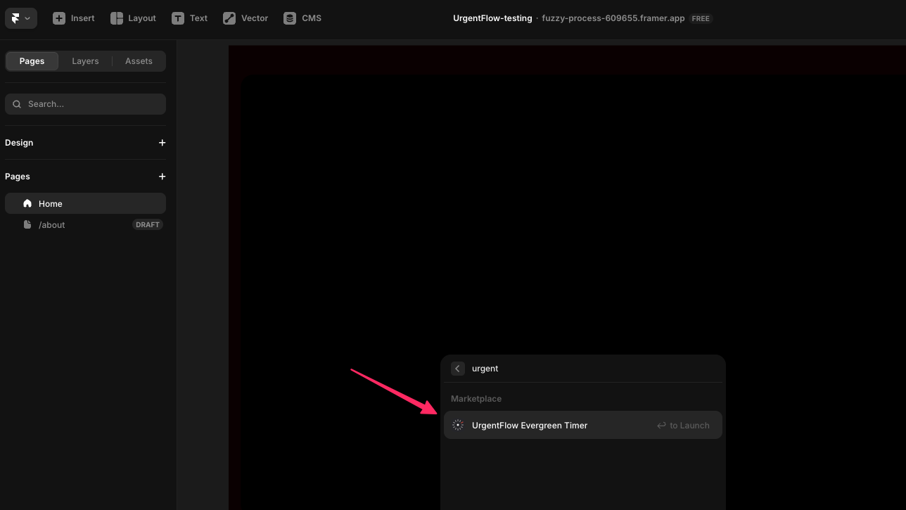 Framer Insert palette open with 'urgent' typed, UrgentFlow Evergreen Timer result with Launch hint