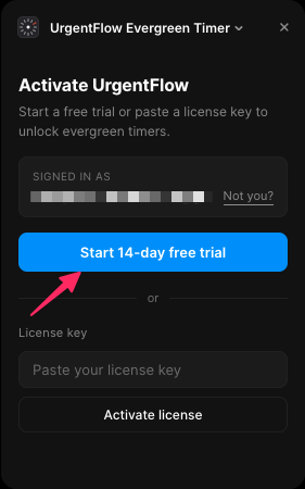 UrgentFlow plugin license screen with Start 14-day free trial button