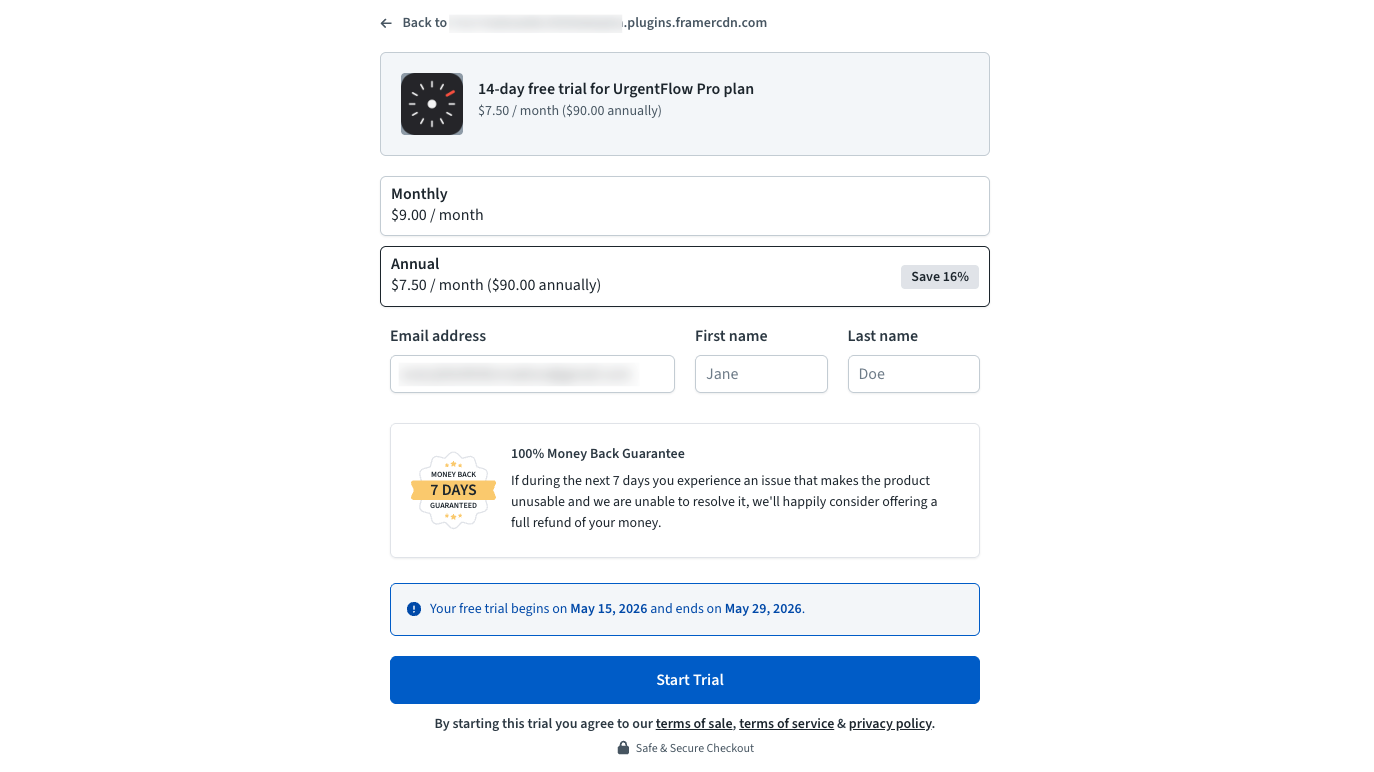 Freemius checkout page showing Monthly and Annual billing options, email and name fields, 7-day money-back guarantee