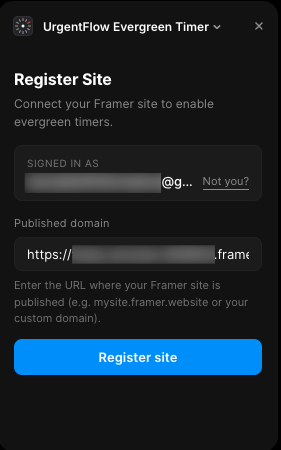 UrgentFlow plugin sidebar showing Register Site form with published domain input