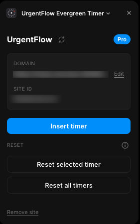 UrgentFlow plugin dashboard with Pro badge, site card, and Insert Timer button