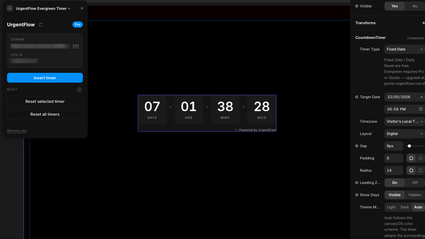 Framer canvas with timer component placed, property panel showing Timer Type, Target Date, Layout, Padding, Radius and theme controls