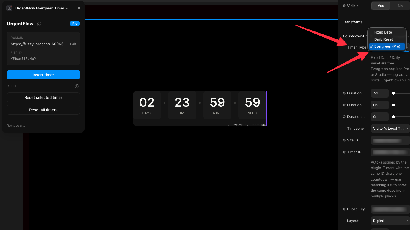 Framer property panel with Timer Type dropdown open, Evergreen (Pro) selected, Duration fields visible