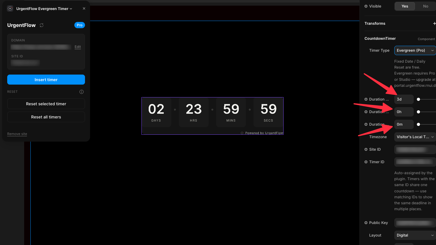 Framer property panel showing Duration Days, Hours, Minutes fields with 3d / 0h / 0m values