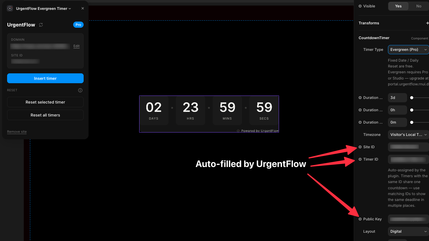 Framer property panel showing Site ID, Timer ID, and Public Key fields auto-filled by the plugin