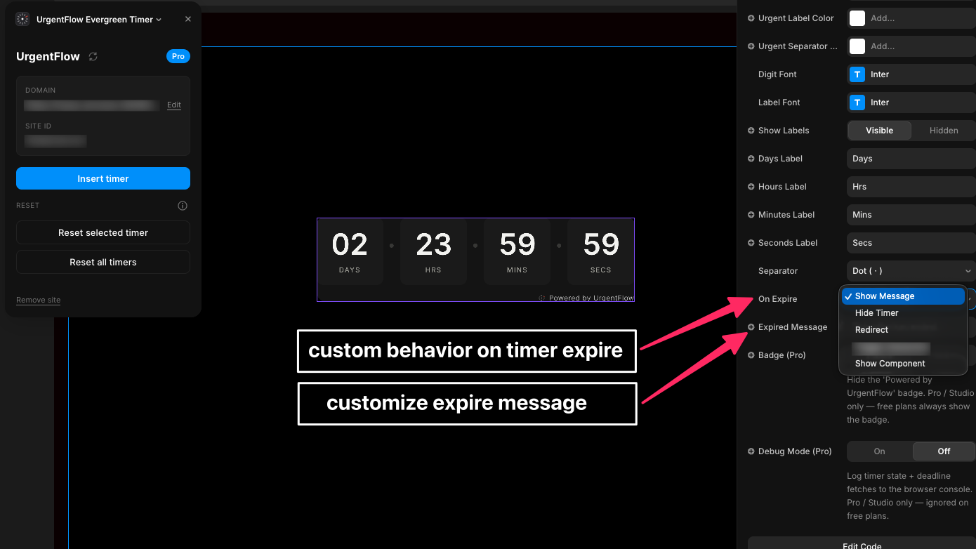 Framer property panel showing On Expire dropdown open with Show Message selected and Expired Message text field visible below