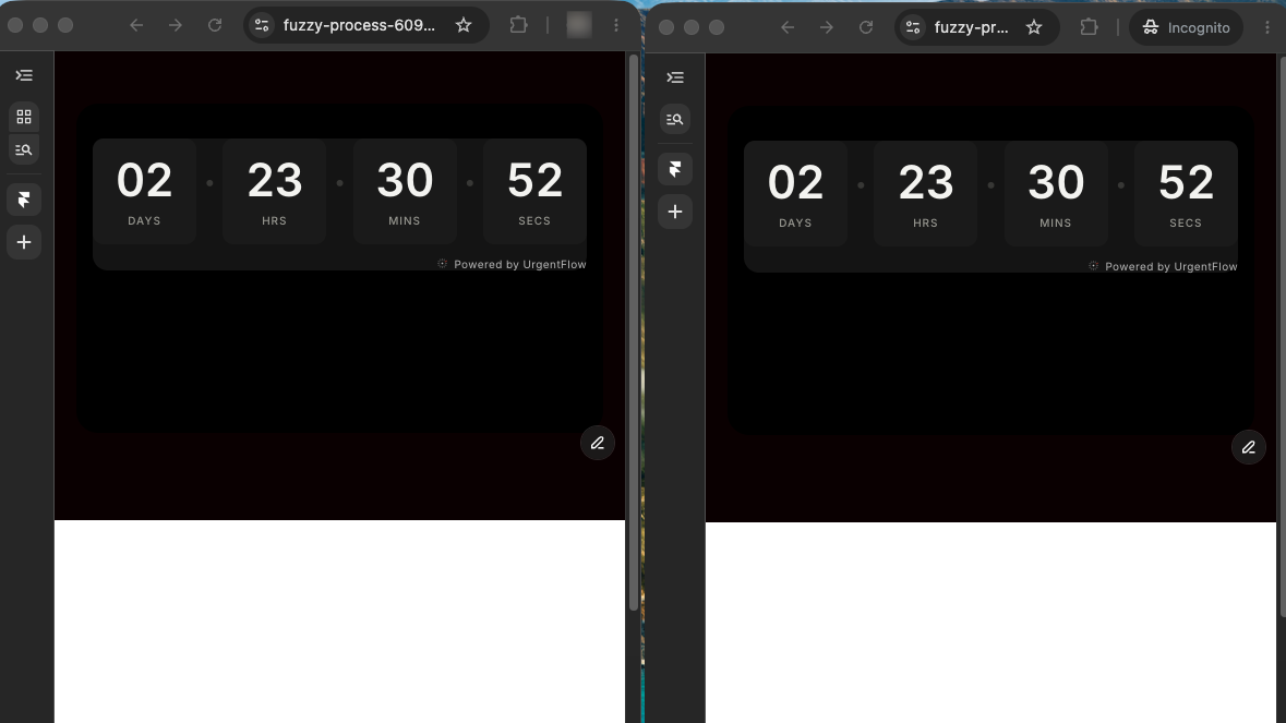 Published Framer site open in both regular and incognito browser windows, both showing the same UrgentFlow countdown timer values